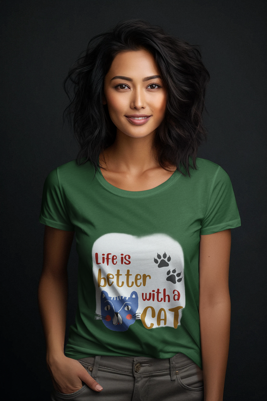 Women's Half Sleeve Round Neck T-Shirt - Life is better with a Cat (15 colours x 9 sizes)